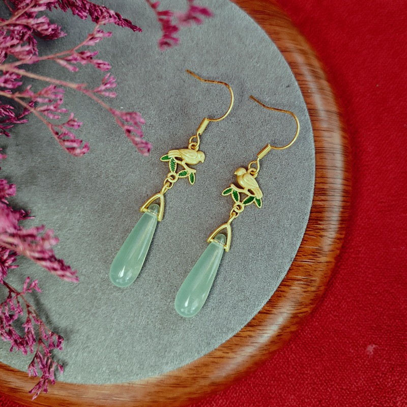 Dongling Jade Teardrop Dangle Earrings Magpie Chinese Style Qipao Women