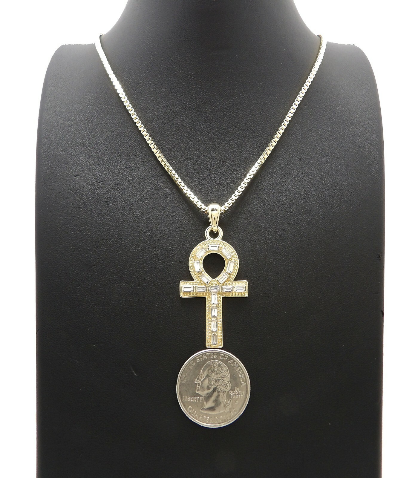 Baguette Stone Stud Small Ankh Pendant Various Chain Hip Hop Necklace XSP792