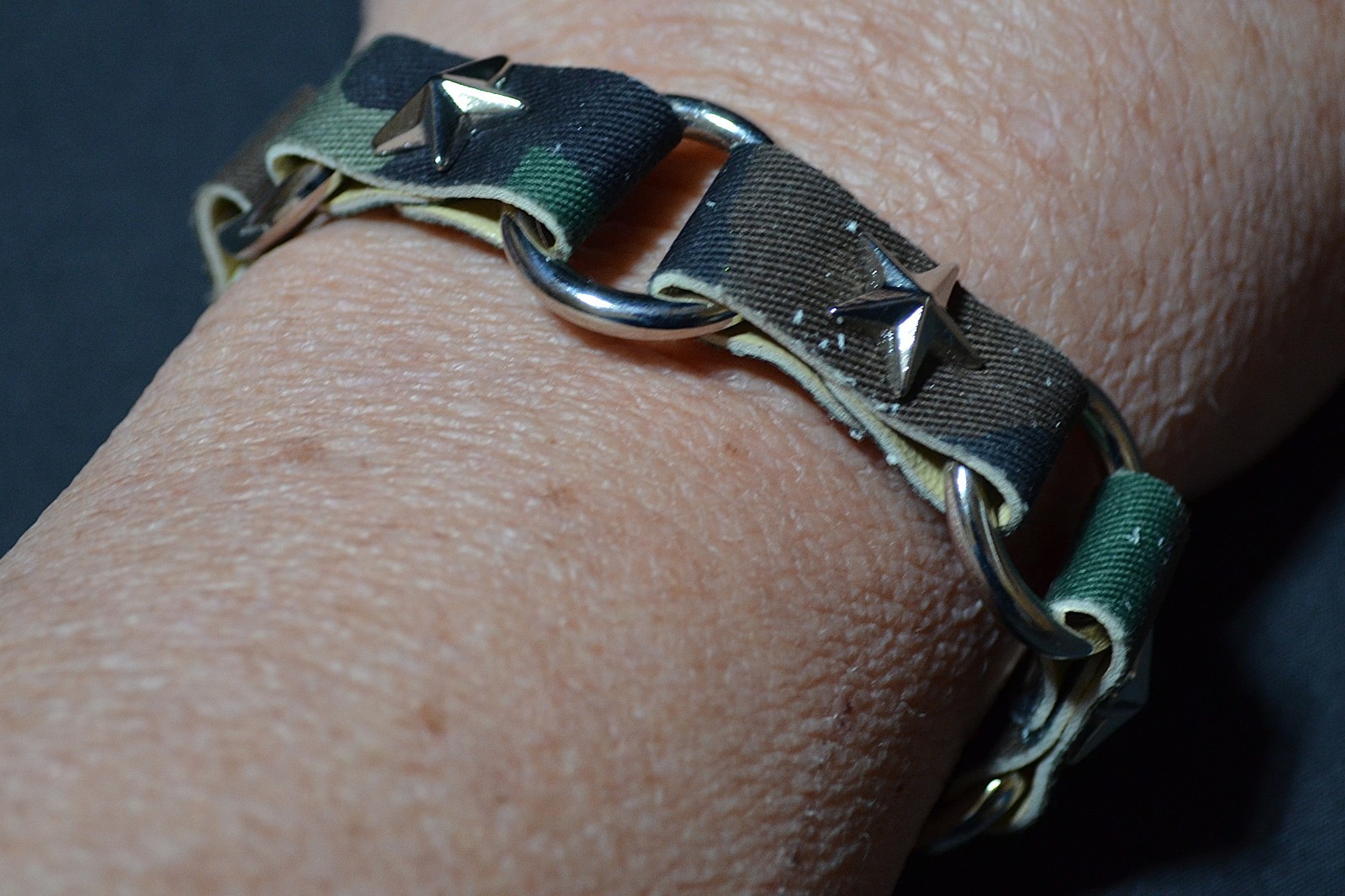 Camo Faux & Canvas Like Leather Bracelet with Silver Tone Stars and Rings, Snap