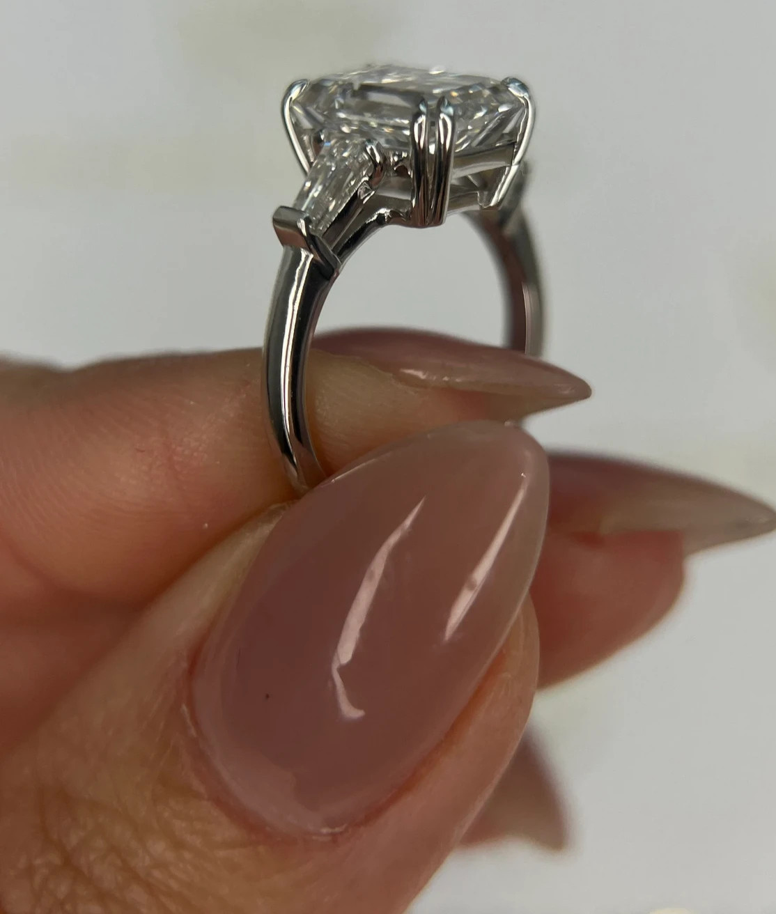 Lab Grown 4.5 Ct IGI Certified E Color VVS2 Clarity Emerald Cut Three Stone Ring
