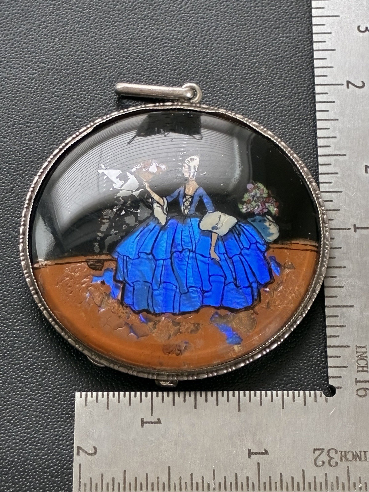 RARE Sterling Very Large & Early TLM Butterfly Wing Pendant Compact Crinoline