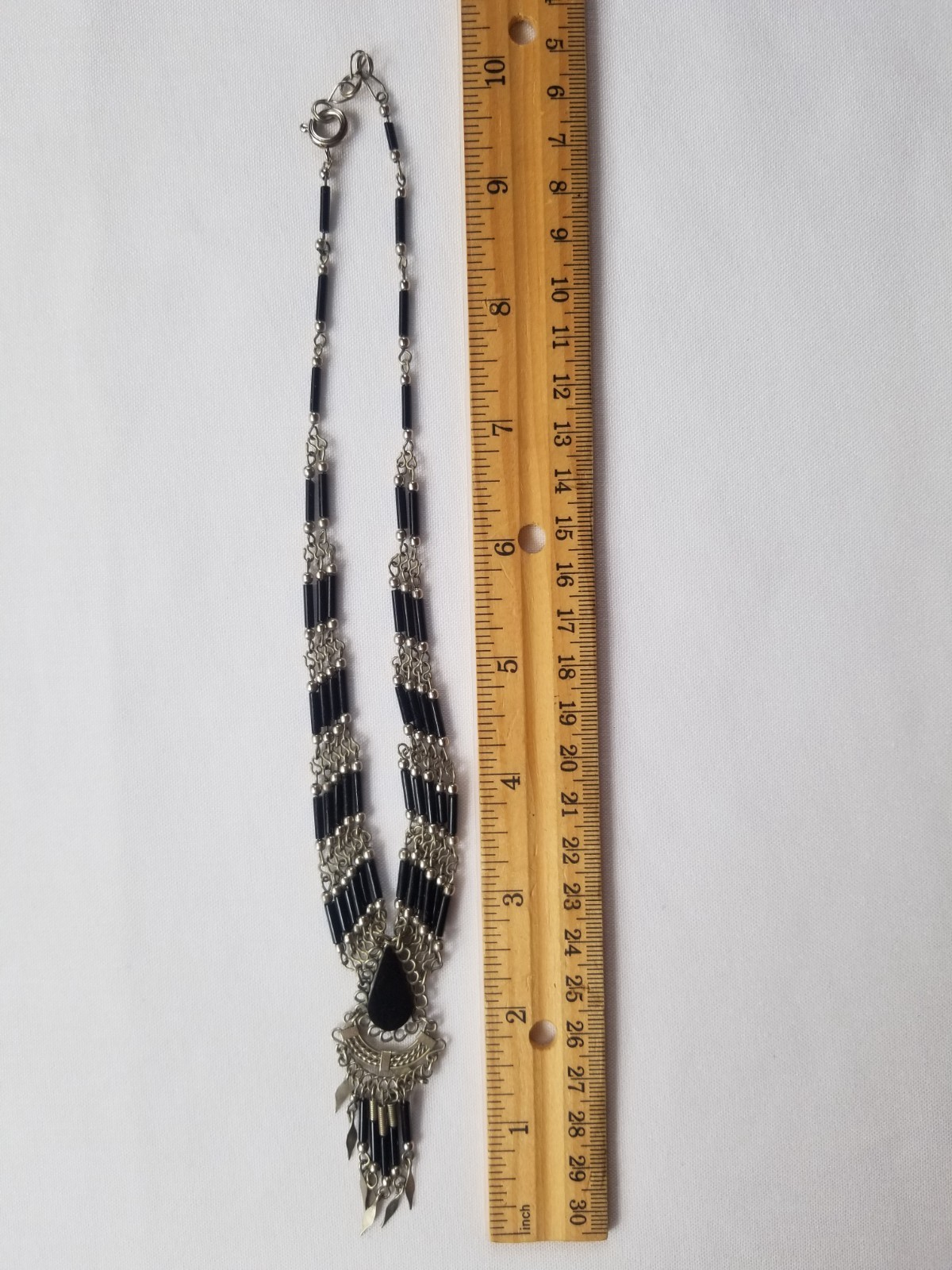 Vintage Peruvian Black Onyx Silver Hand Wired Waterfall Collar Necklace