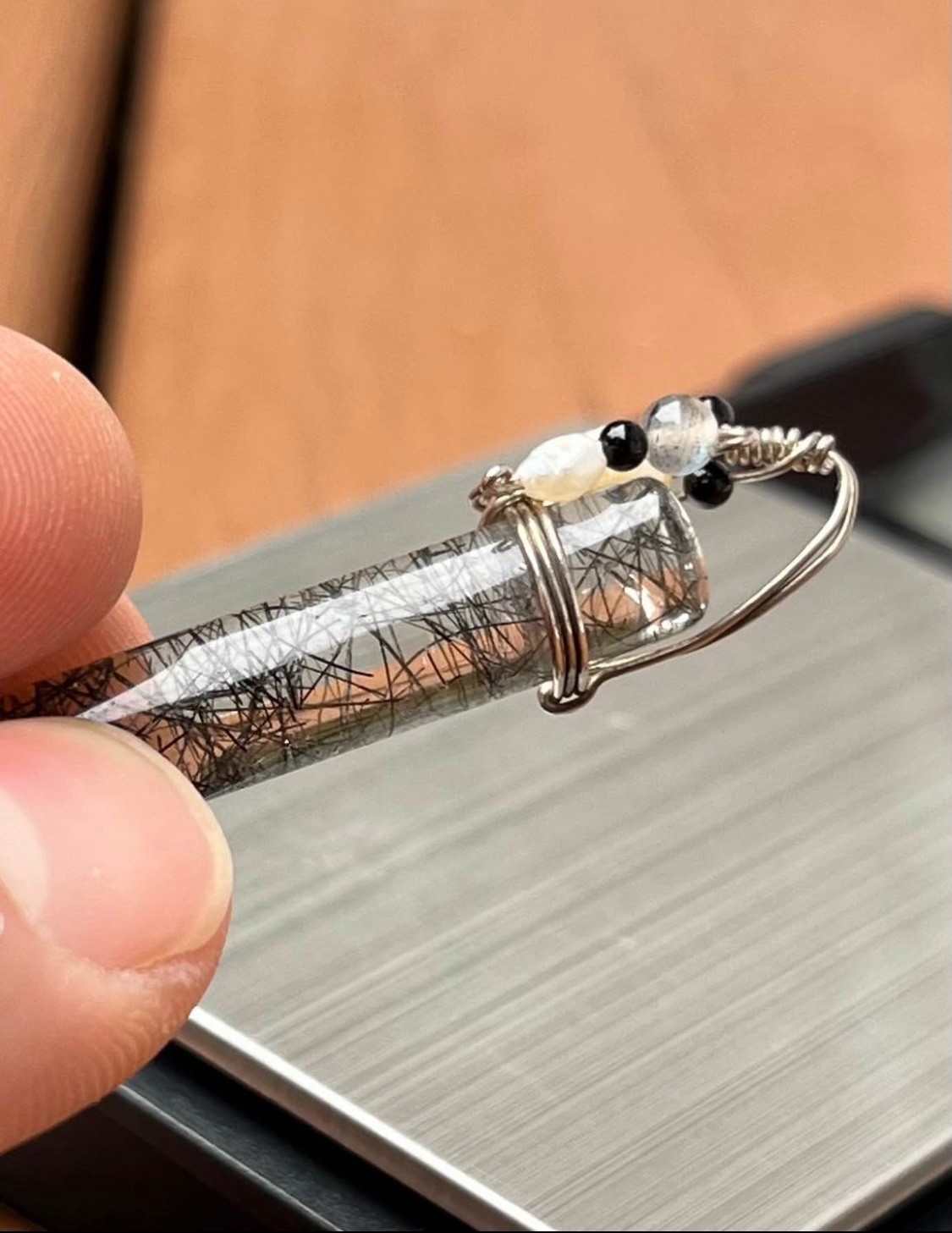 925 Quartz Vintage Black Rutile Sterling Silver Wrapped Pendant Gorgeous !