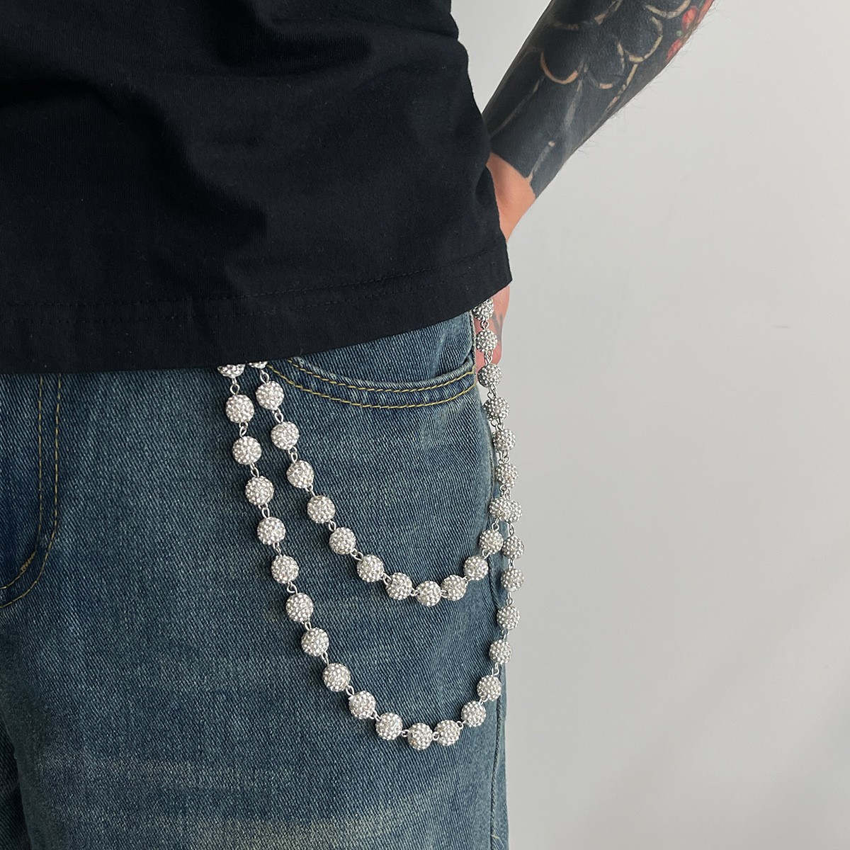Round Chain Cubic Zirconia Bead Waist Chain Stainless Hip-hop Jeans Accessory