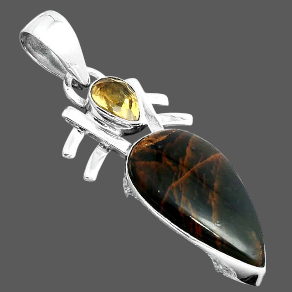 Turkish Rainforest Chrysocolla and Citrine 925 Silver Pendant Jewelry P-1046