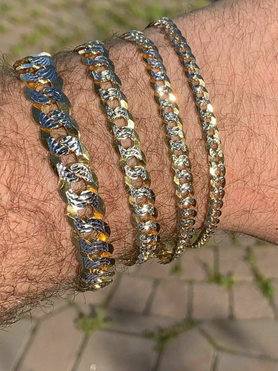 Solid 925 Sterling Silver 14k Gold Plated Cut Flat Miami Cuban Hip Hop Bracelet