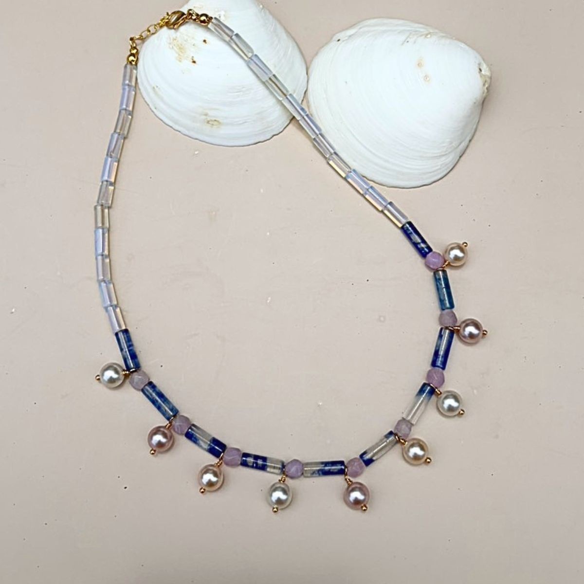 Soft Moon Symphony Necklace | Blue Crystal Quartz Necklace | Pearl Beaded Neckla