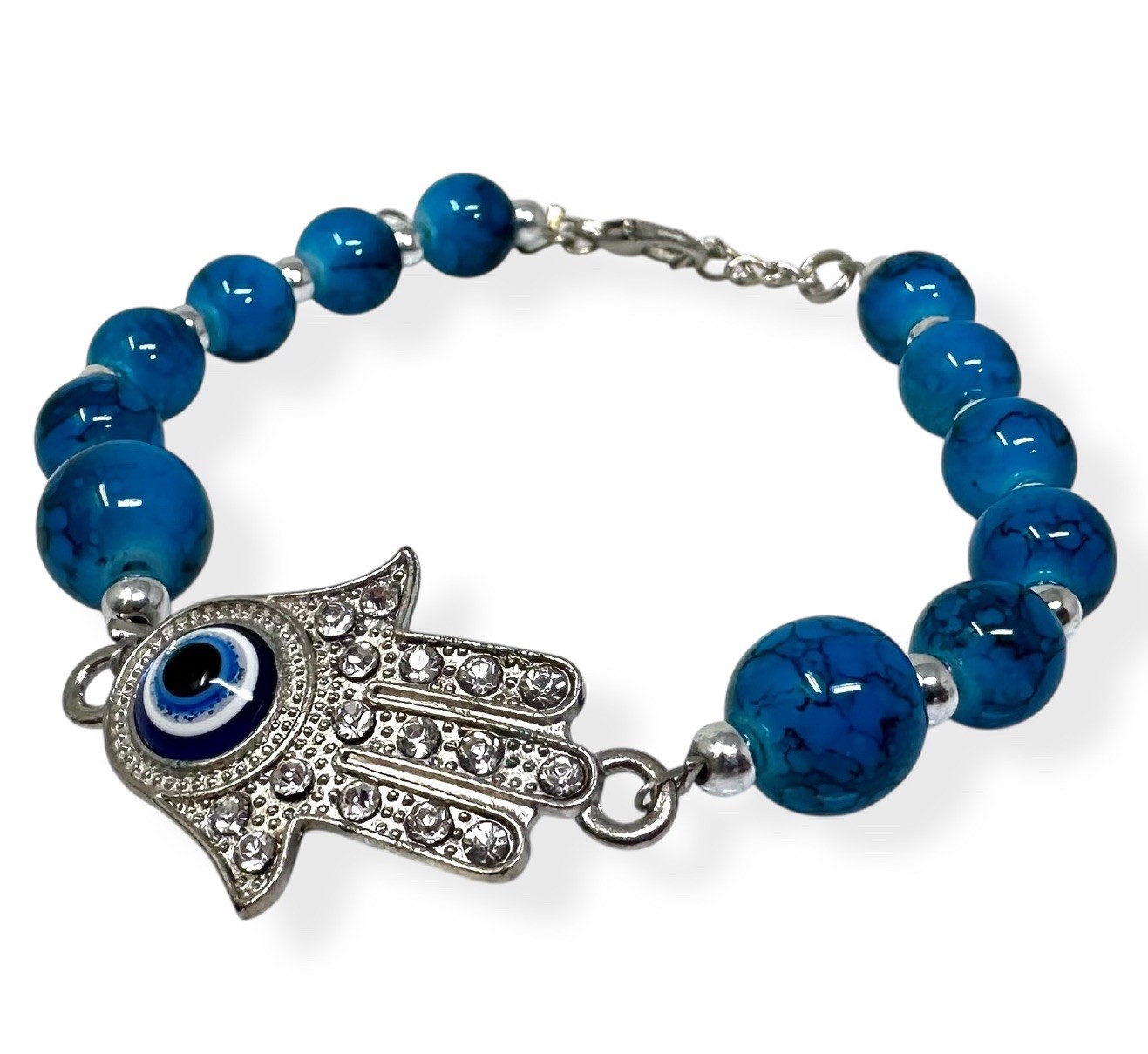 Hamsa Hand Evil Eye Bracelet – Blue Beaded Resin Charm, Adjustable 7.75–9″