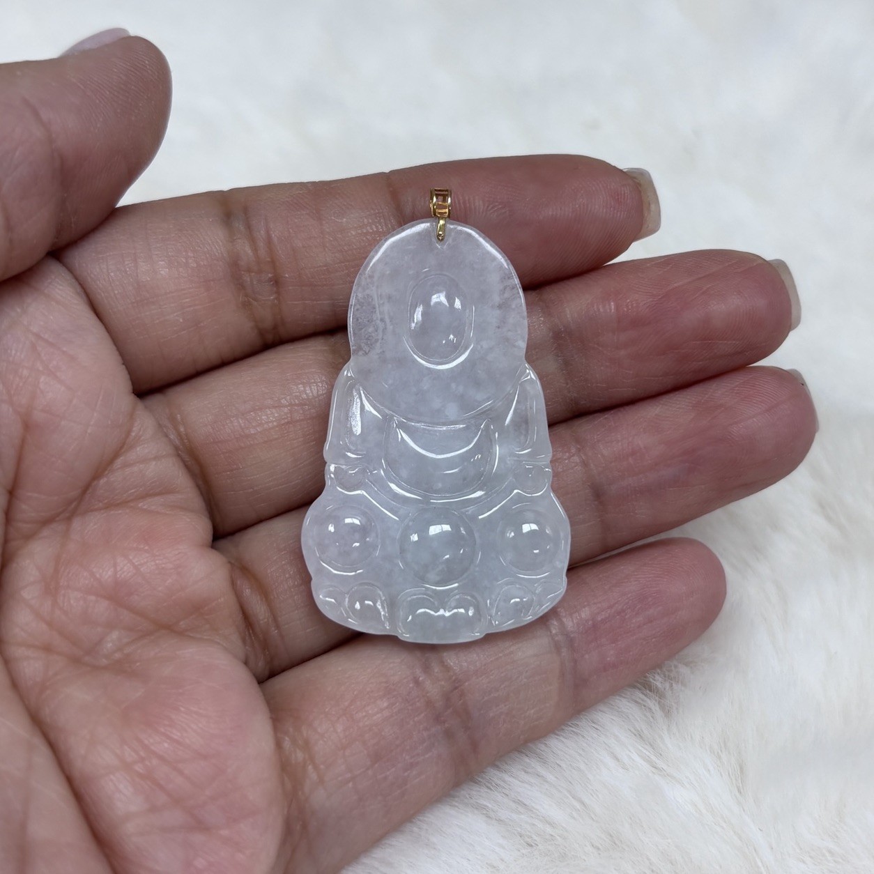 Natural Grade A Icy White Jadeite Guanyin Pendant，18k gold discount