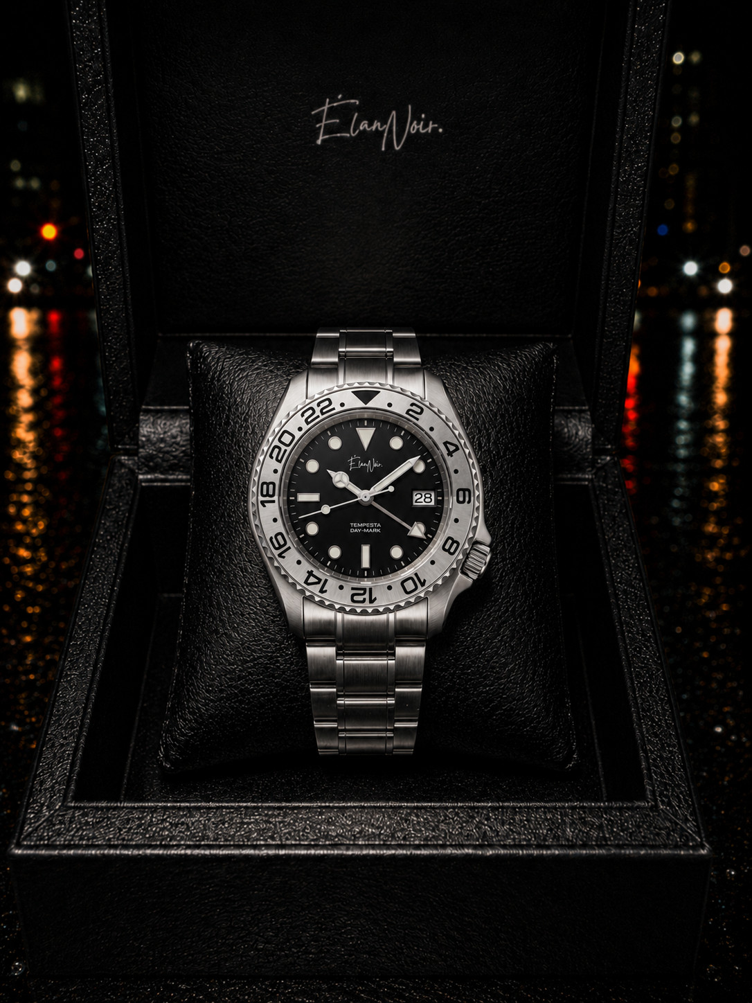 Élan Noir Tempesta GMT Automatic Men’s Watch 41mm Steel Black Dial Silver Bezel