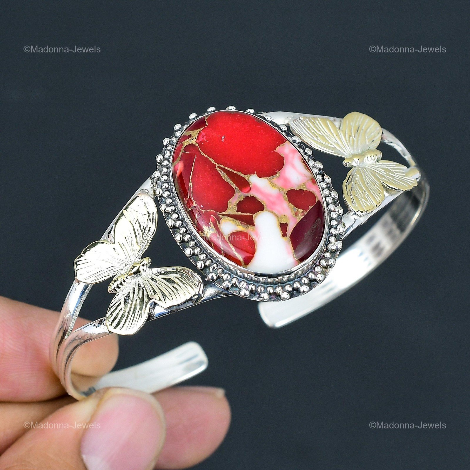 Natural Kingman Red Mohave Copper Turquoise Butterfly Bangle Jewelry 925 Silver
