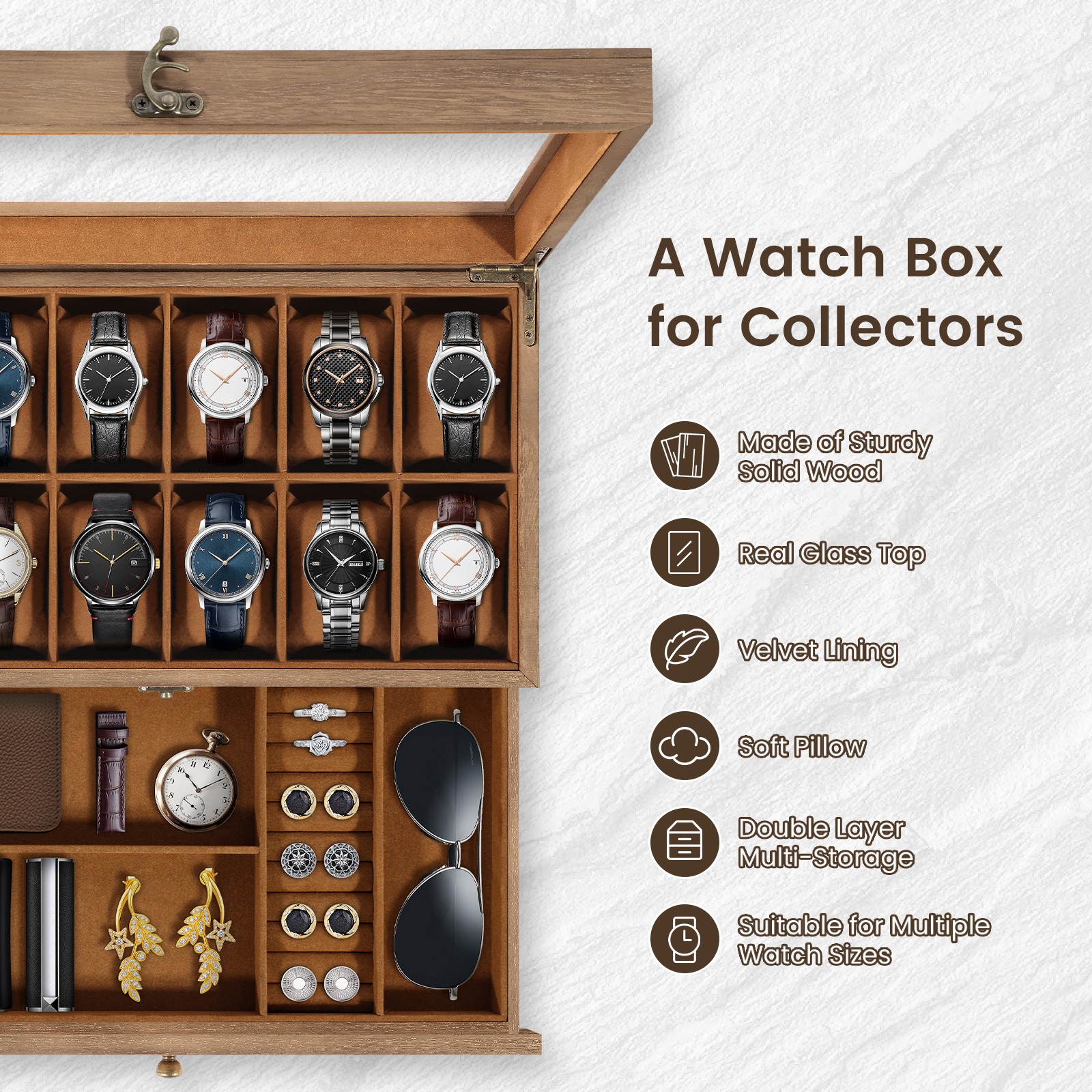 12 Slot Solid Wood Watch Box Clear Glass Top, Men’s Jewelry Display Storage Case