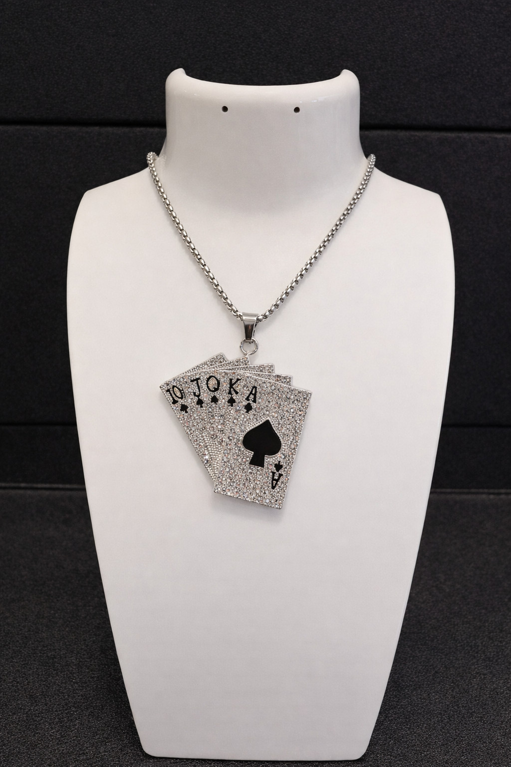 Iced Out Royal Flush Poker Pendant Chain Silver Bling Hip Hop Necklace Jewelry
