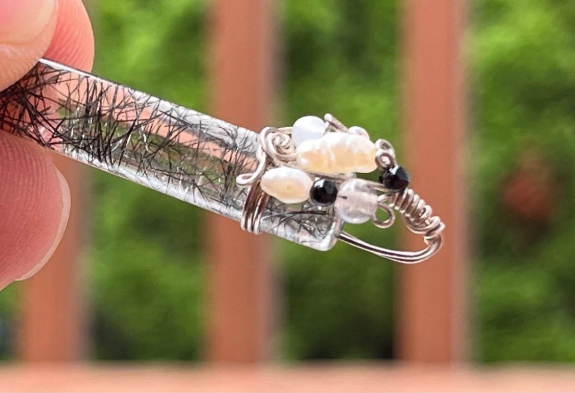 925 Quartz Vintage Black Rutile Sterling Silver Wrapped Pendant Gorgeous !