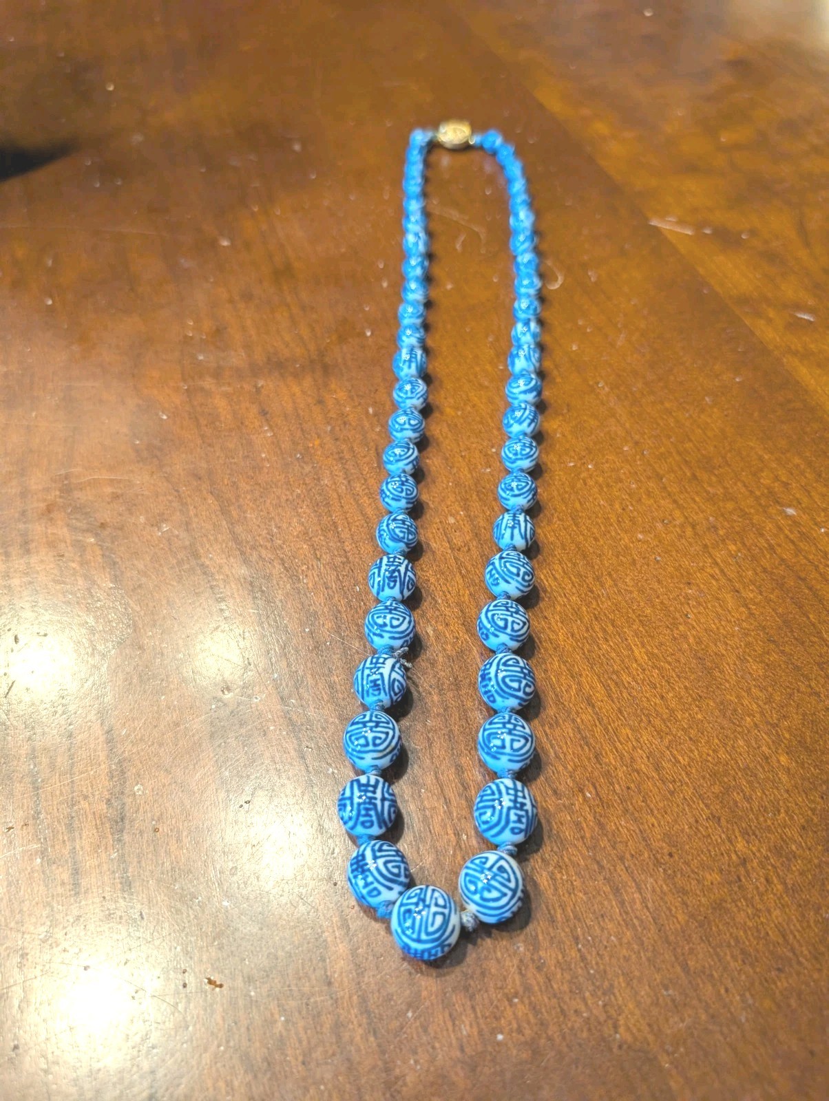 Vintage Chinese Export Blue White Porcelain Shou Knotted Bead 24” Necklace