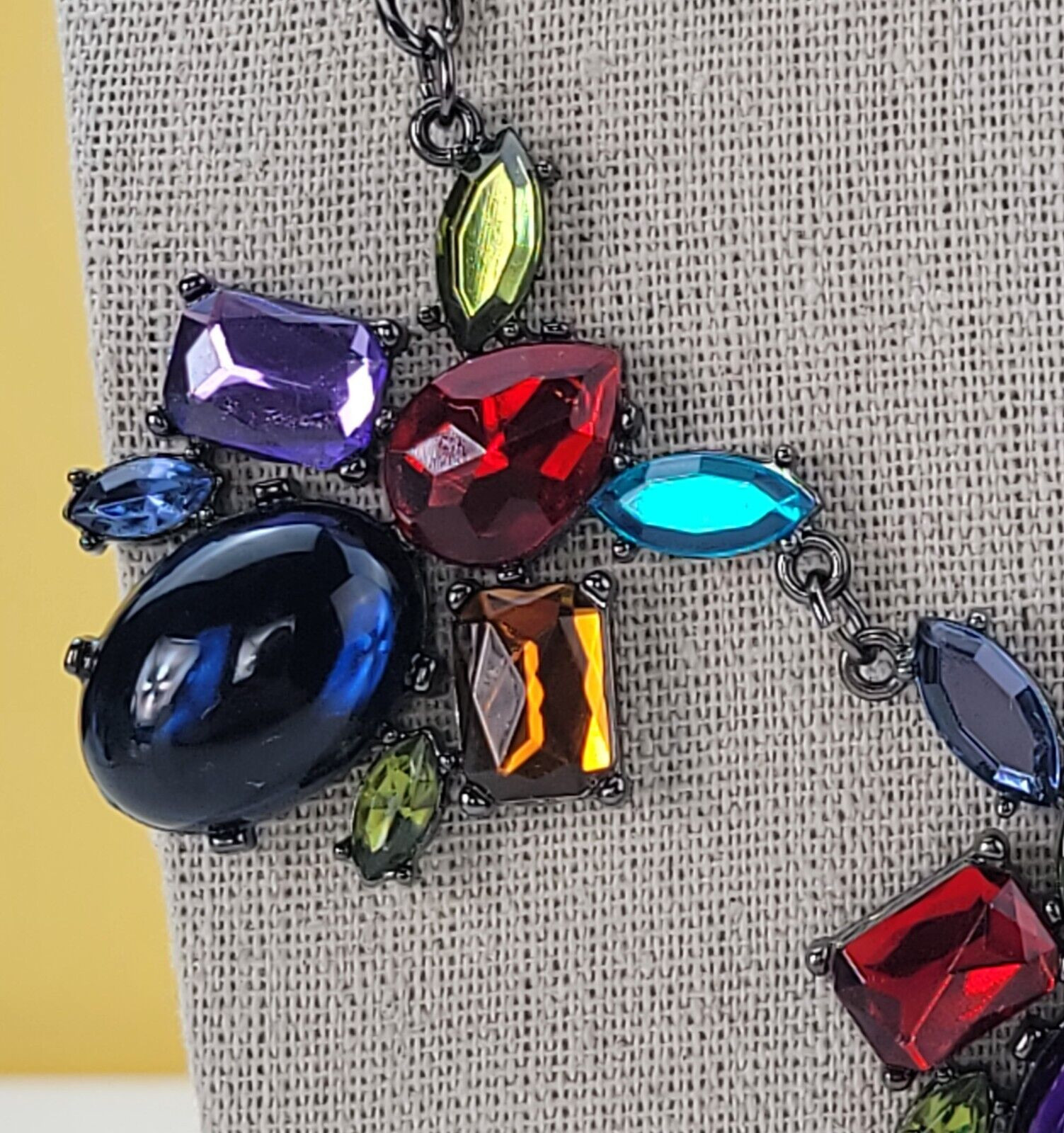 Multi Color Acrylic Faux-Gem Cabochon Statement Collar Necklace 20.5 in Gunmetal