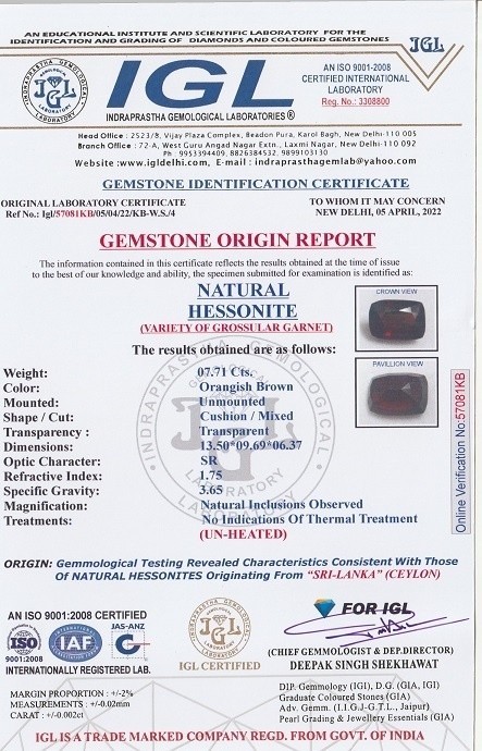 Gomed – Hessonite – 7.71 Carats – Ceylonese – Unheated – IGL Certified