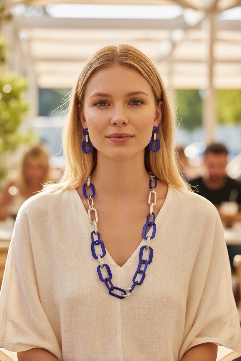 Chico’s Blue/Silver Chain Link Statement Necklace & Earrings Set 38” 92g,Signed