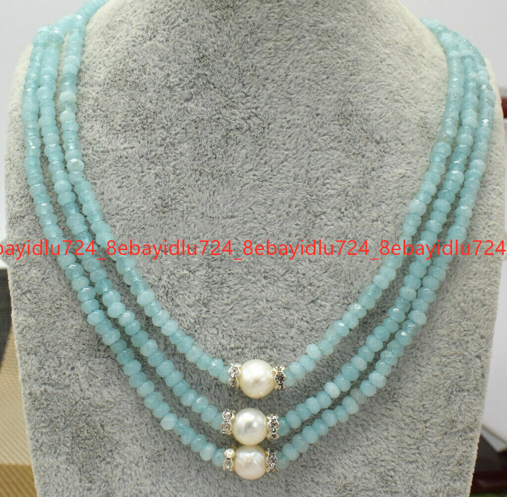 3 Rows Faceted 2x4mm Multicolor Gems & 8-9mm White Pearl Necklace 17-19 in