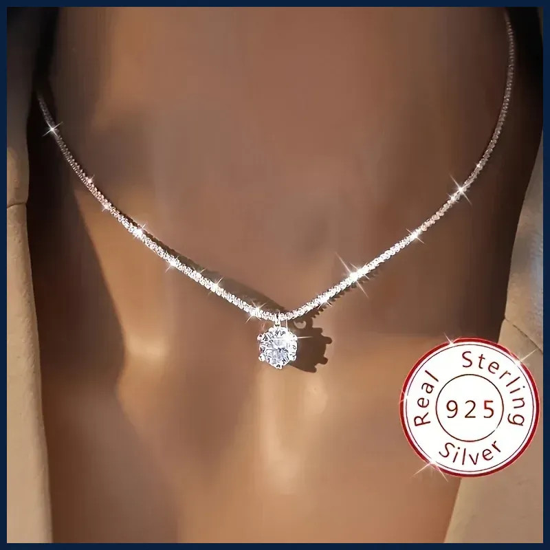 925 Sterling Silver Necklace Zircon Pendant Sparkling Necklace Clavicle Chain