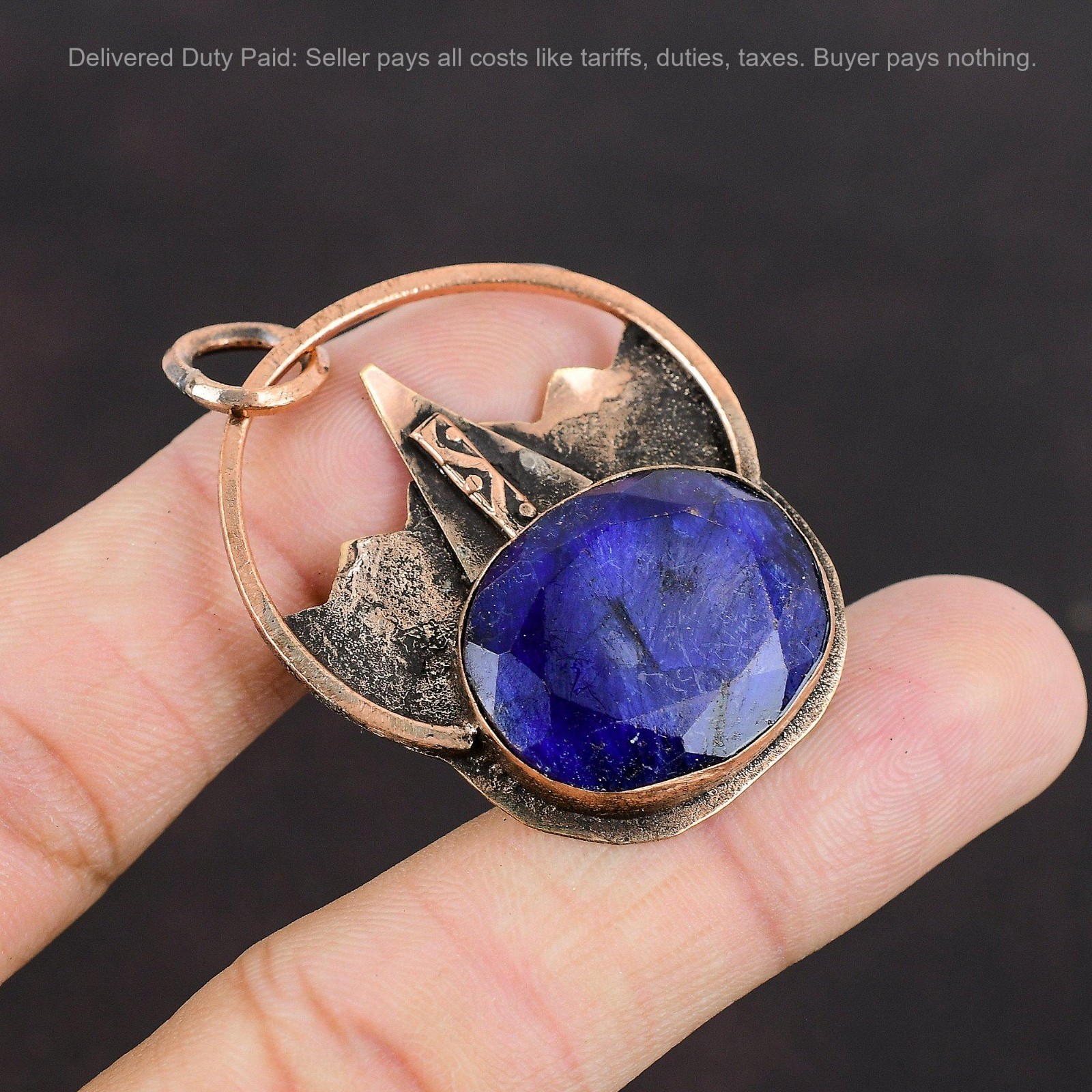 Copper Oval Blue Saphire Gemstone Daughter Wedding Birthday Boho Pendant Jewelry
