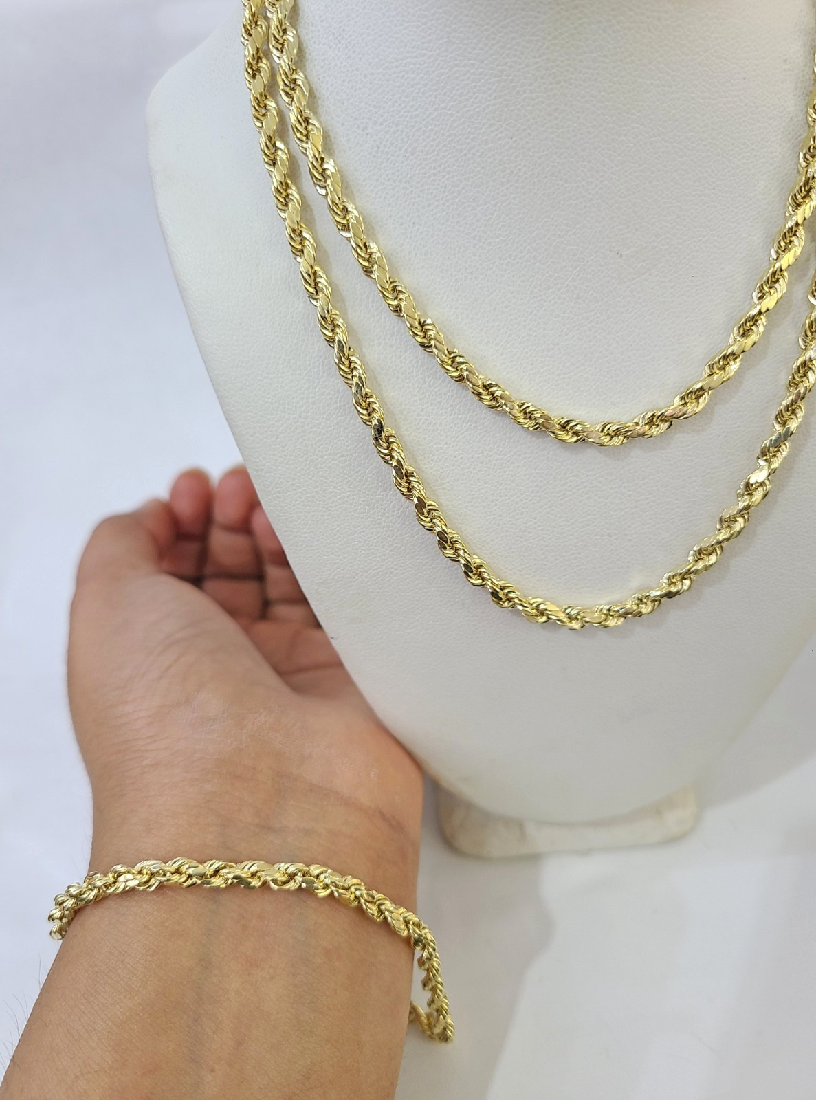 10k Yellow Gold Rope Chain 5mm Necklace Bracelet Set Real Men Women