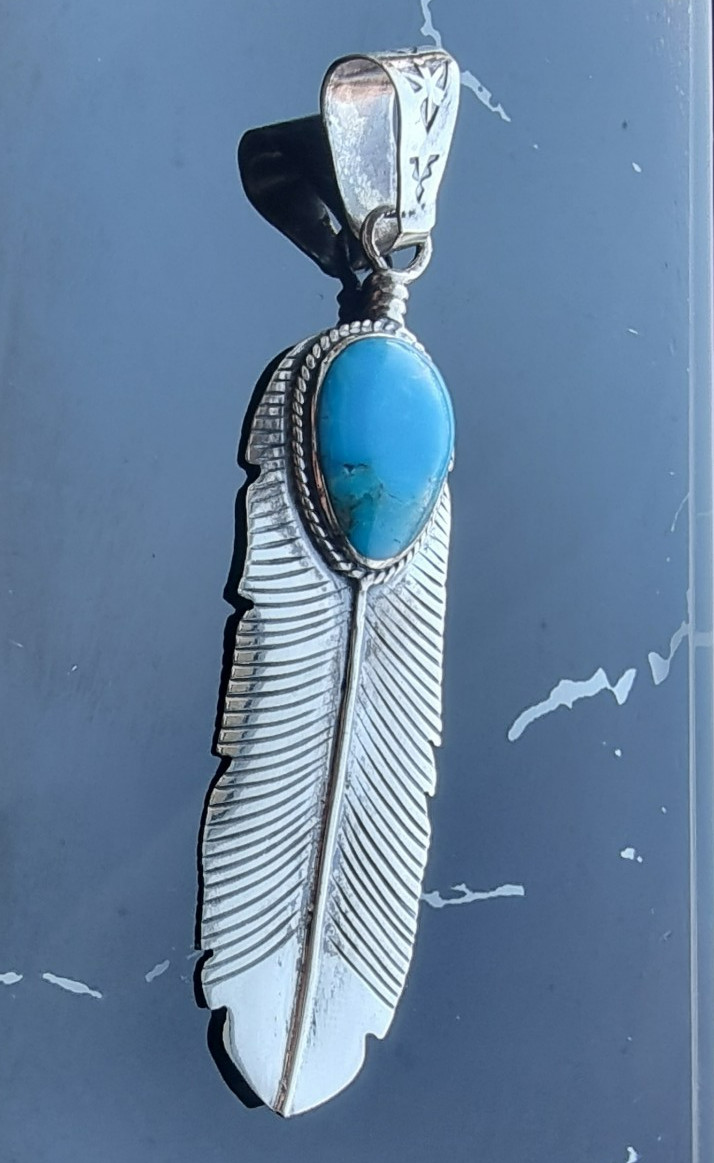 925 STERLING SILVER BLUE 17X12 MM. TEARDROP TURQUOISE FEATHER PENDANT