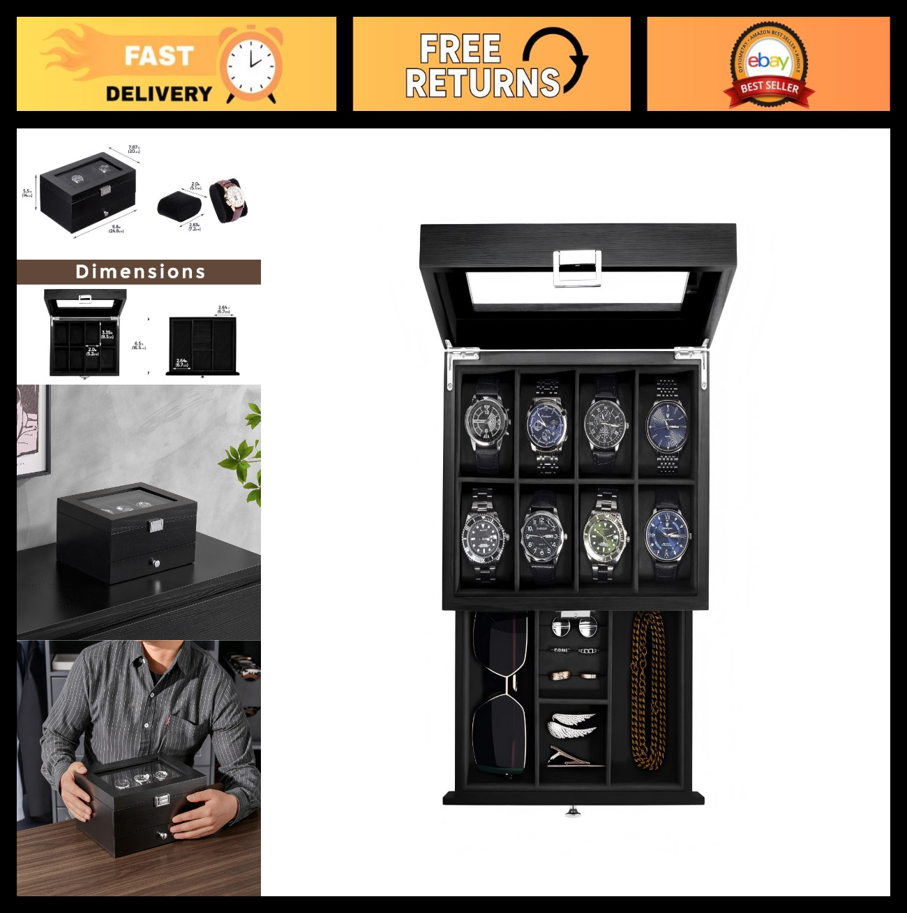 8-Slot Wooden Watch Box with Drawer, 2-Layer Jewelry Organizer, Gift for Men & W
