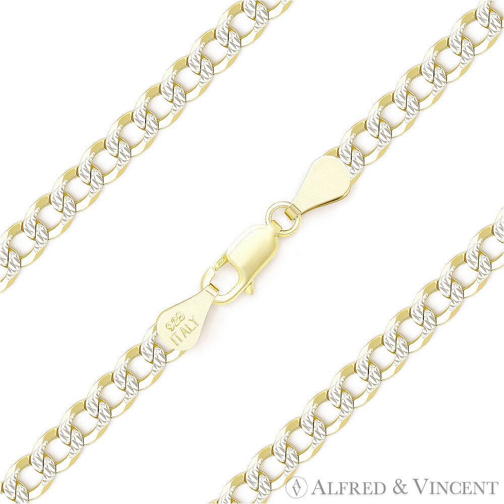 4.3mm Cuban Curb Sterling Silver 14k Yellow Gold-Plated Mens Link Chain Bracelet
