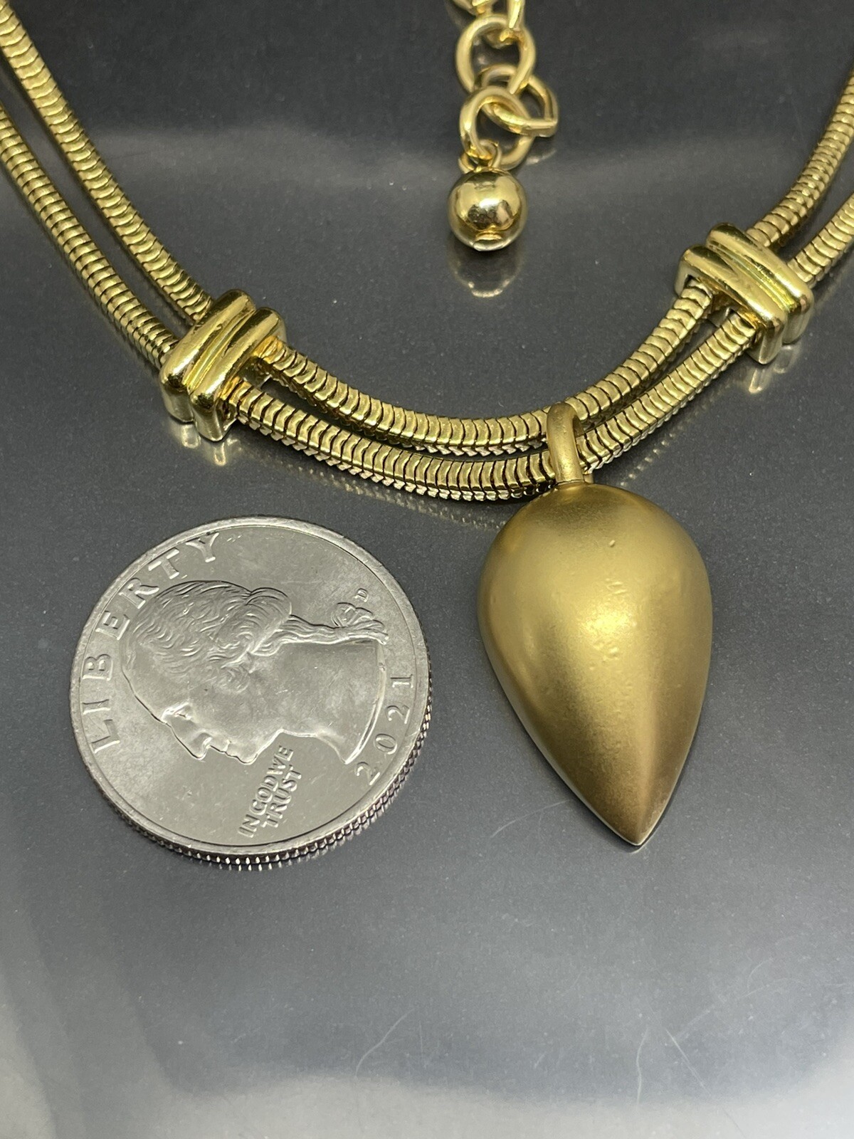 Vintage Monet Satin Brushed GoldTone Teardrop Pendant Necklace Signed RARE