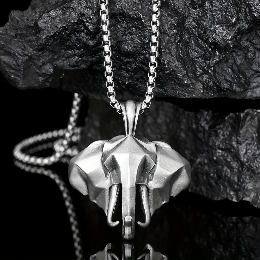 Elephant Head Necklace Stainless Steel Animal Jewelry Silvery Pendant