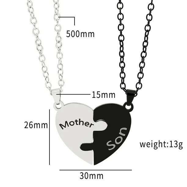 Mother Son Puzzle Heart Necklace Set Black Silver Stainless Steel Matching Gift