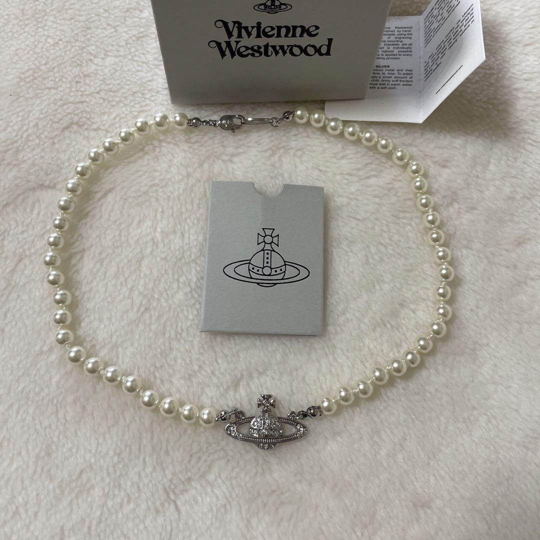 Vivienne Westwood Necklace Pearl Choker Mini Bas relief Silver w/Pouch NO BOX
