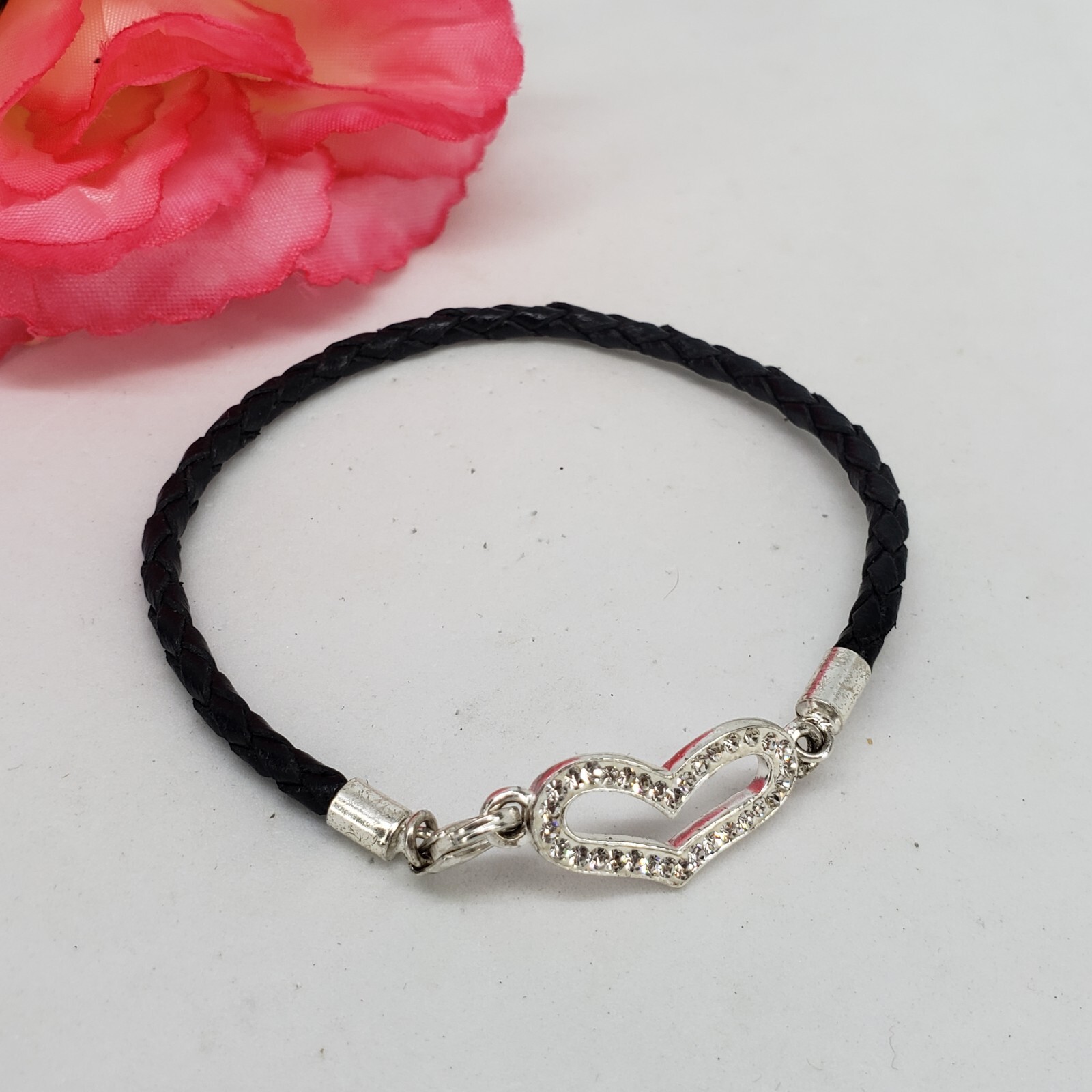 Marked 925 STERLING SILVER Crystal Heart Black Cord Bracelet