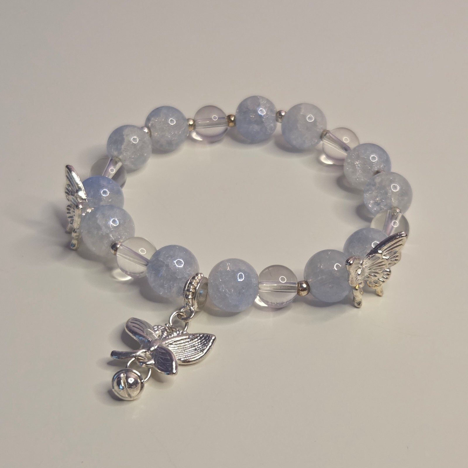 Icy Blue Silver Tone Angel Butterfly Charm Beaded Bracelet Y2K Fairy Coquette