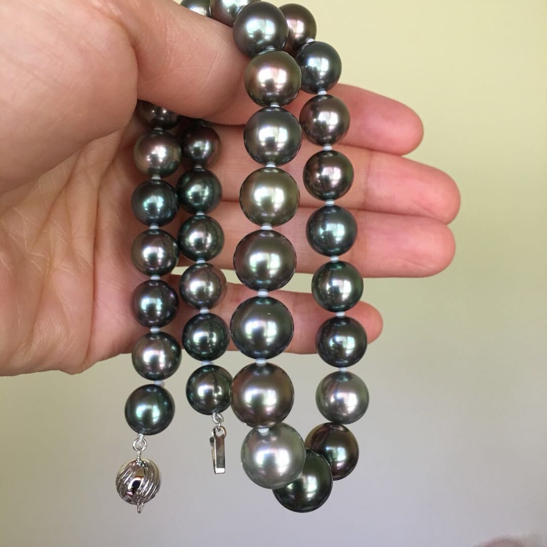 Rare Multi-gray Peacock black Tahitian Pearl 10-11.6mm Top Quality Necklace 43cm