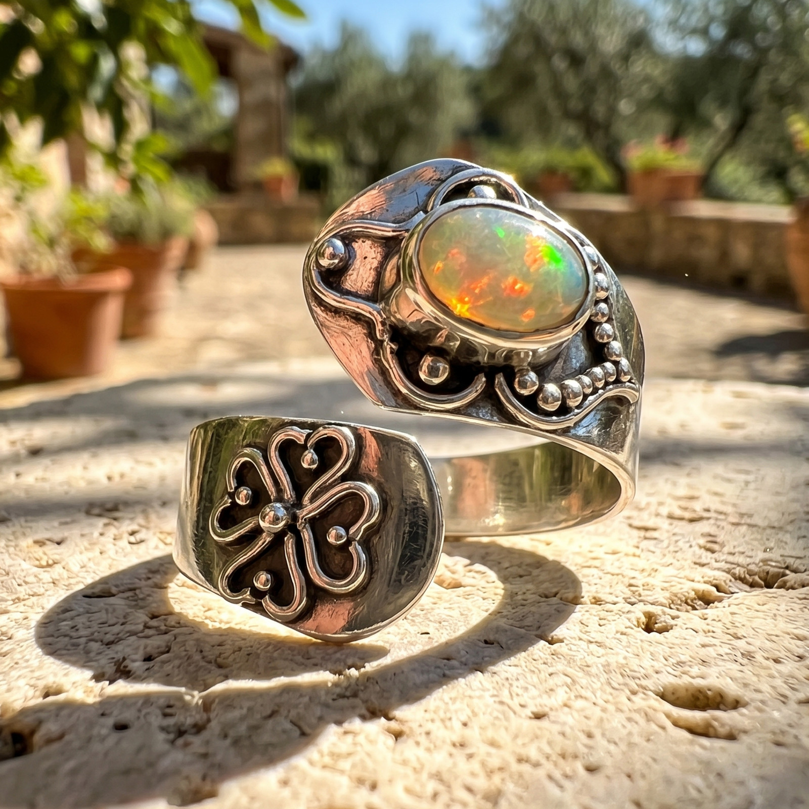 Fire Within Ethiopian Opal Wrap Ring 925 Oxidized Silver Adjustable Sizes 5-9
