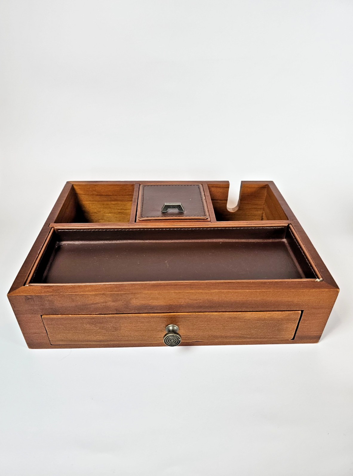 Wooden Valet Tray Dresser Organizer Box Drawer Faux Leather Ring Rolls Charge