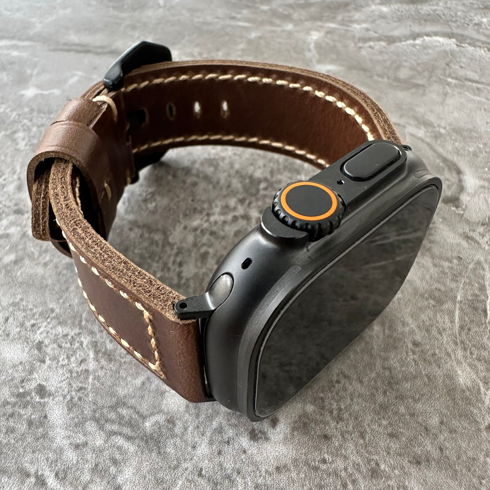 Premium Leather Thick Dark Brown Watch Strap For Black Apple Watch Ultra 49mm