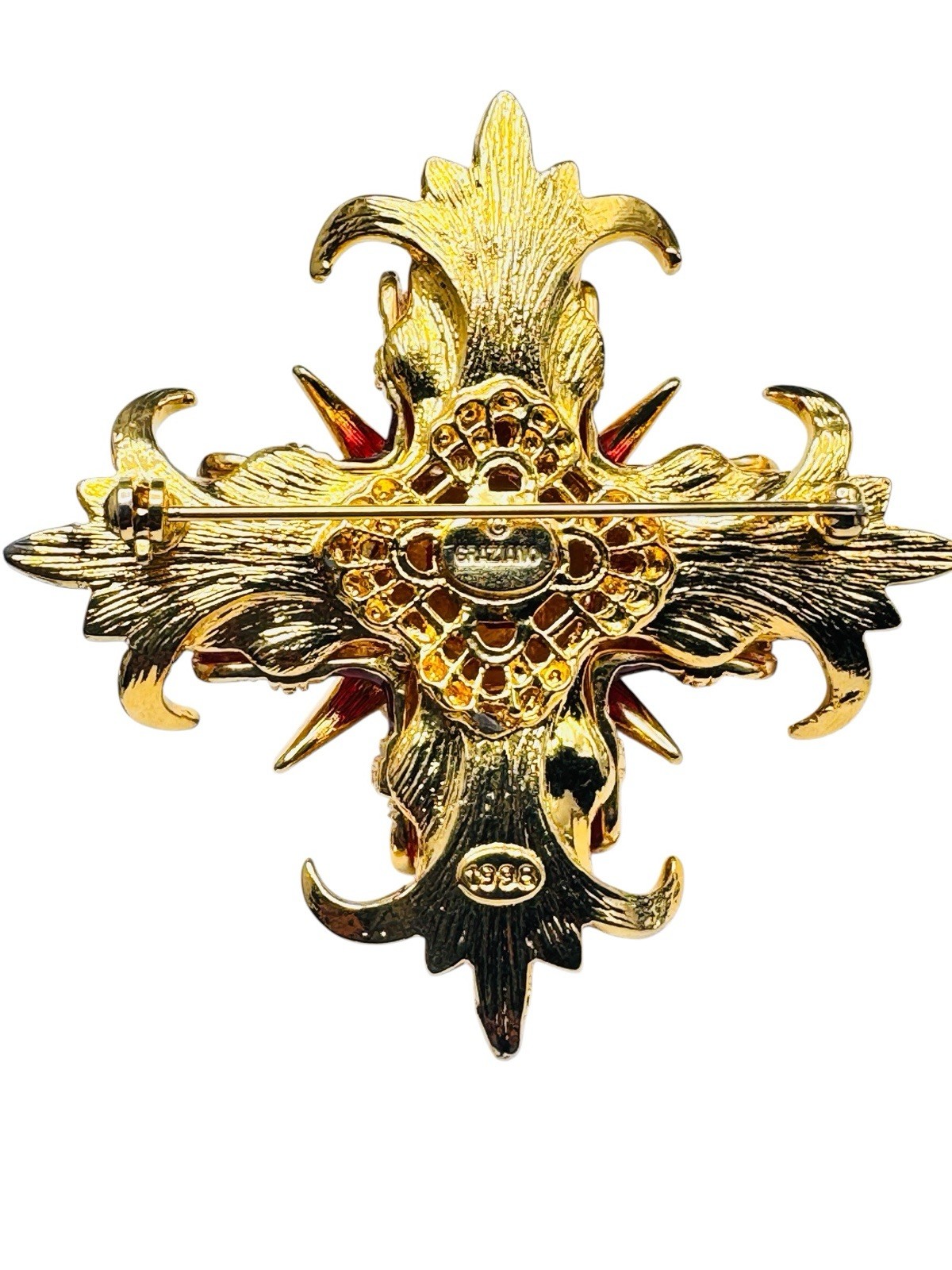 Vintage RJ Graziano Maltese Cross Red Enamel Brooch Pin Gold Tone Blue Baguettes