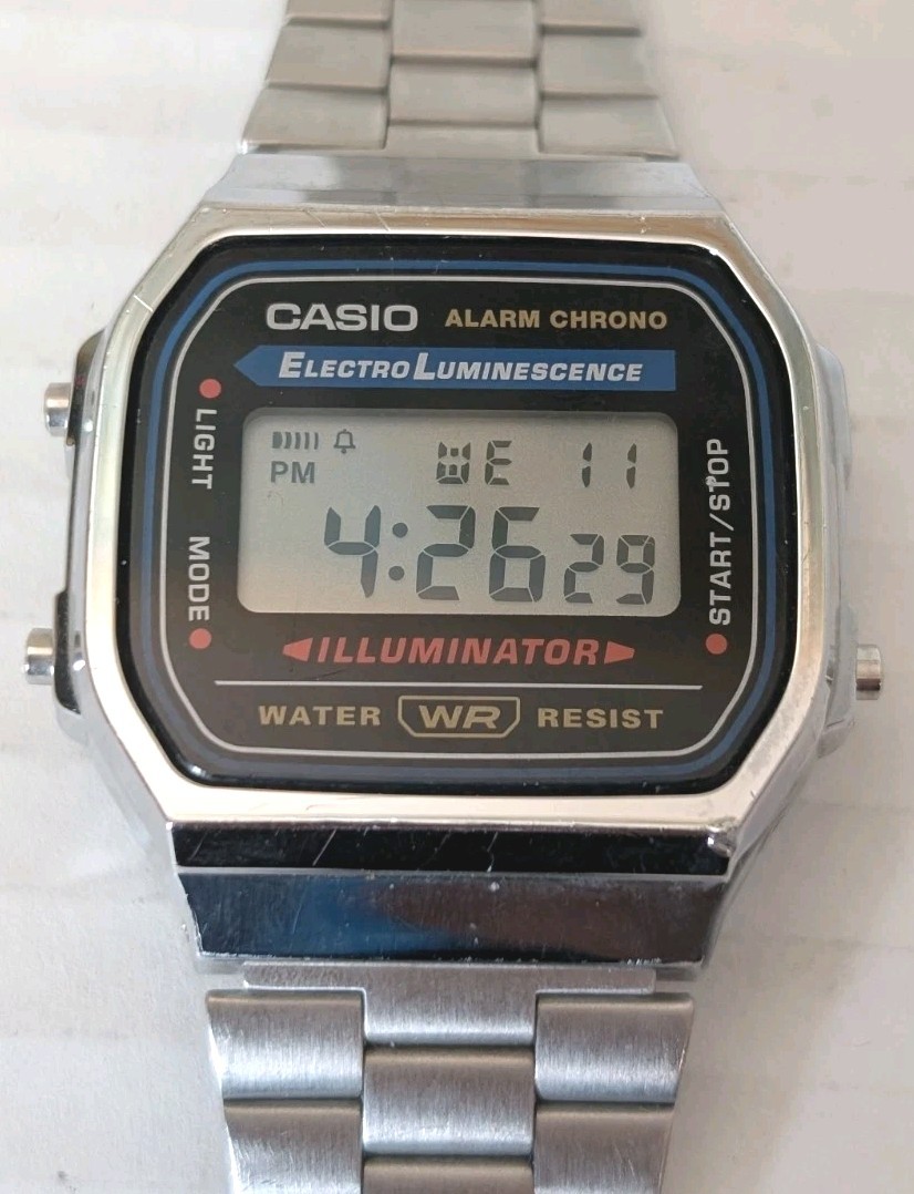 Casio 3298 A168 Illuminator Watch Mens 35mm Silver Tone Digital Alarm Chrono