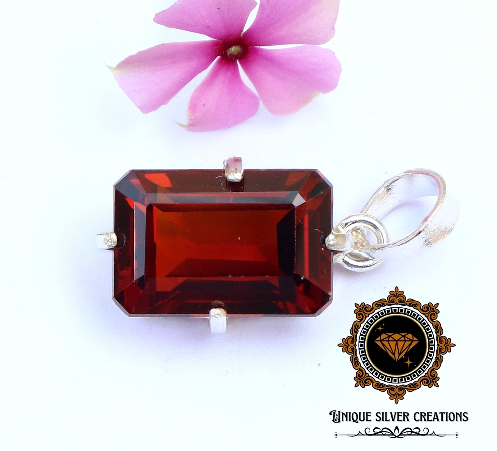 Natural Hessonite Garnet 925 Silver Pendant Certified Emerald Cut Loose Gemstone