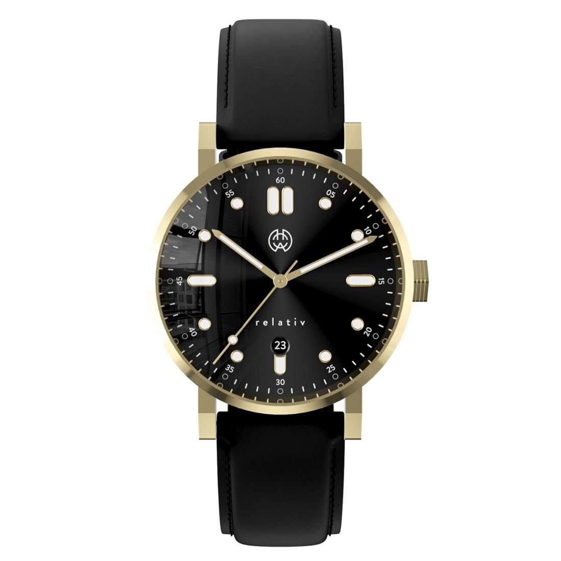 Henry ARCHER RELATIV SOL Swiss Quarzo Oro Acciaio Nero Pelle Data Orologio Uomo