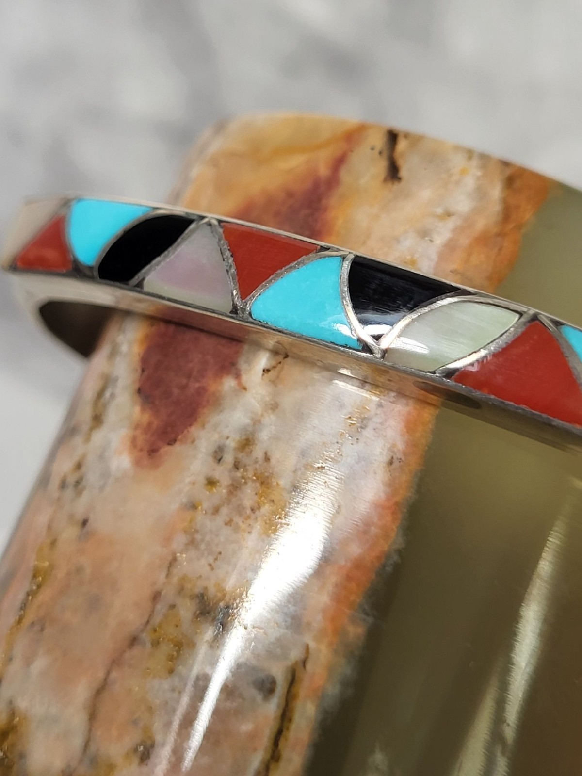 Sterling Silver Cuff Bracelet Multicolor Inlay Sourhwestern Gemstone Artisan 6″