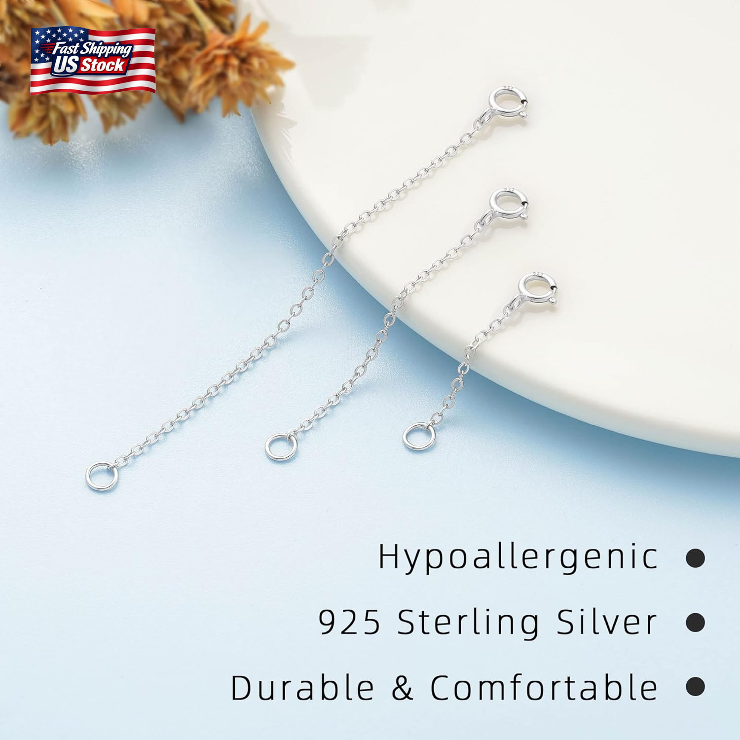 3 Pcs 925 Sterling Silver Necklace Extender Silver Chain Extenders for Necklaces