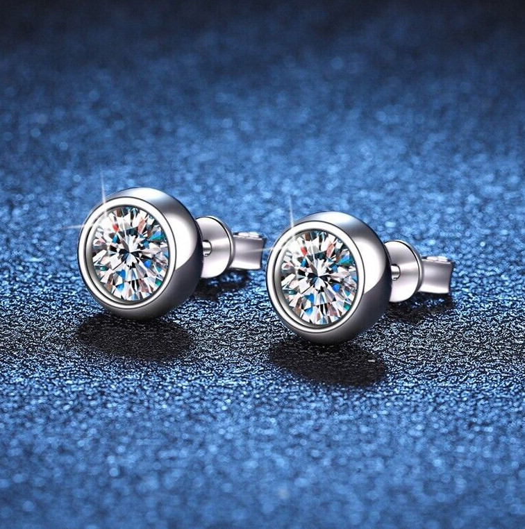1ct Bezel Set Moissanite 7.5mm Stud Earrings Push Back Real Solid 925 Silver Men