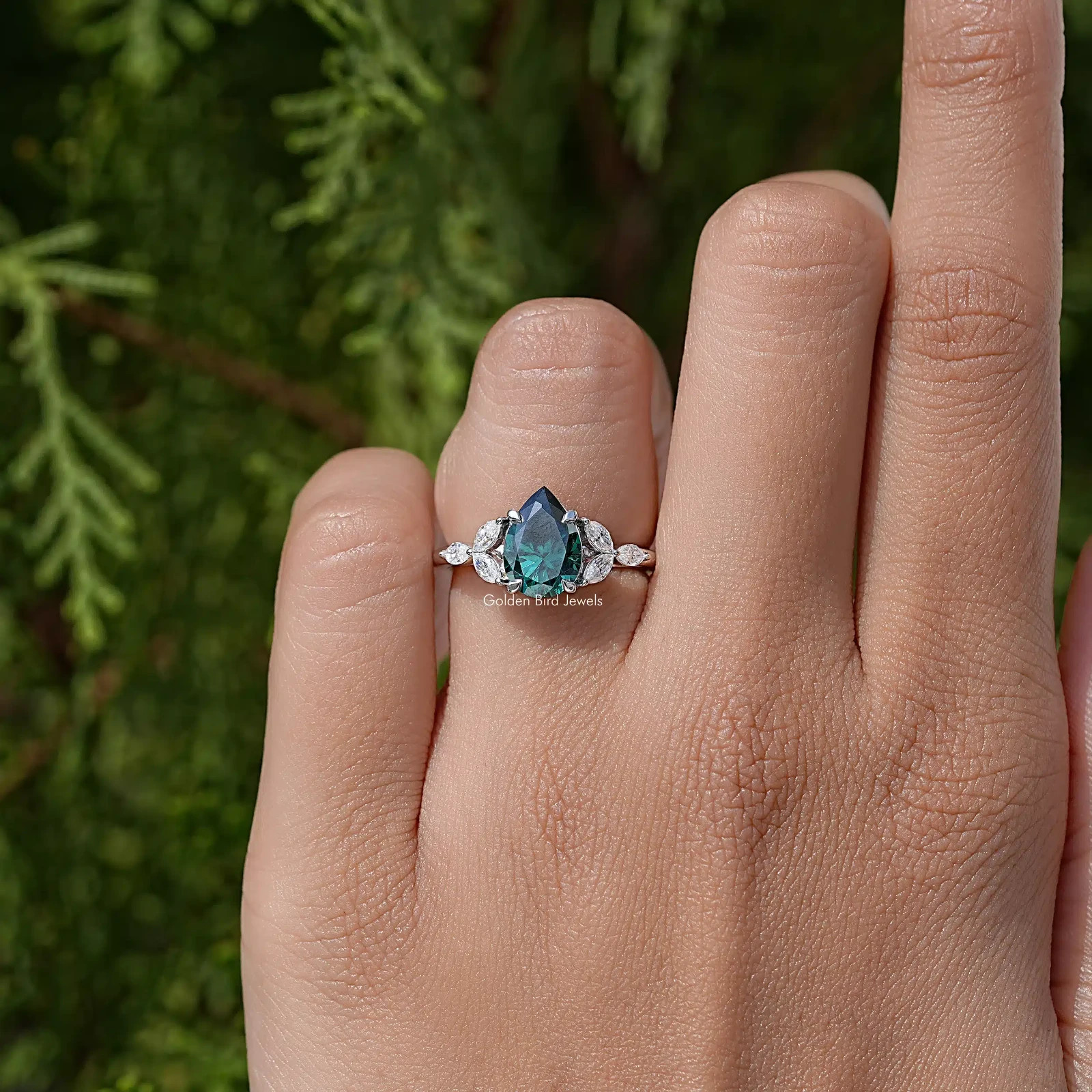 Green Pear Diamond Leaf Accent Engagement Ring
