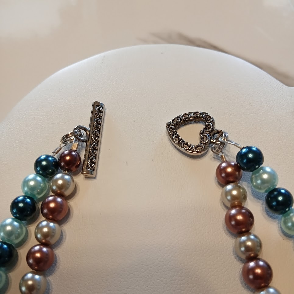 VTG 20″HONARA Double Strand Glass/Shell Pearls Teal Mauve Champagne Heart Toggle
