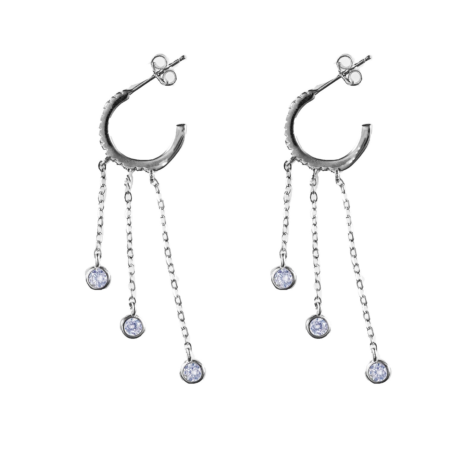 Earring 925 Sterling Silver Tassel Three Long Chains Zircon Drop Silver Round