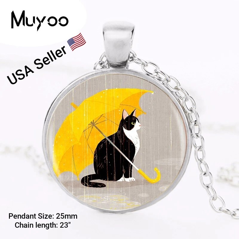 Cat in the Rain Pendant Necklace Long Chian Statement Handmade Fashion Necklace